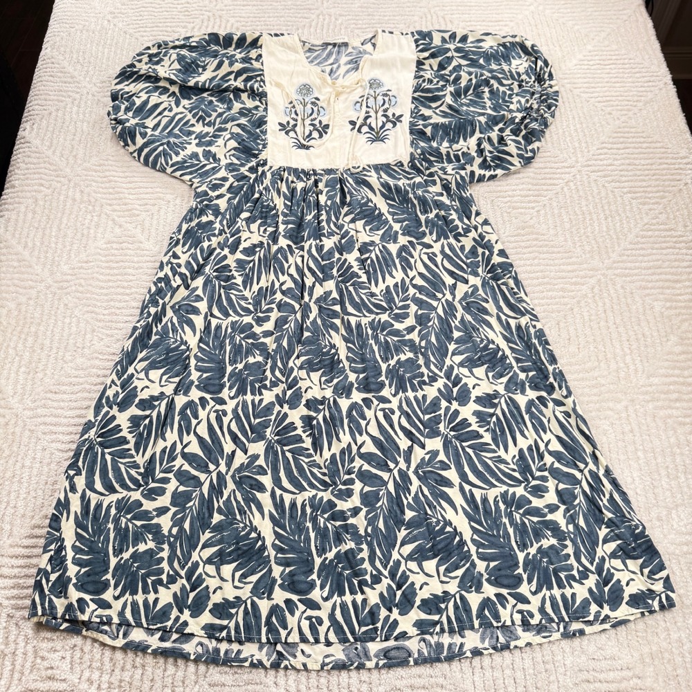 Rusttydustty Dress Women's Large Blue Cream Boho Puff Sleeve Embroidered Cottage